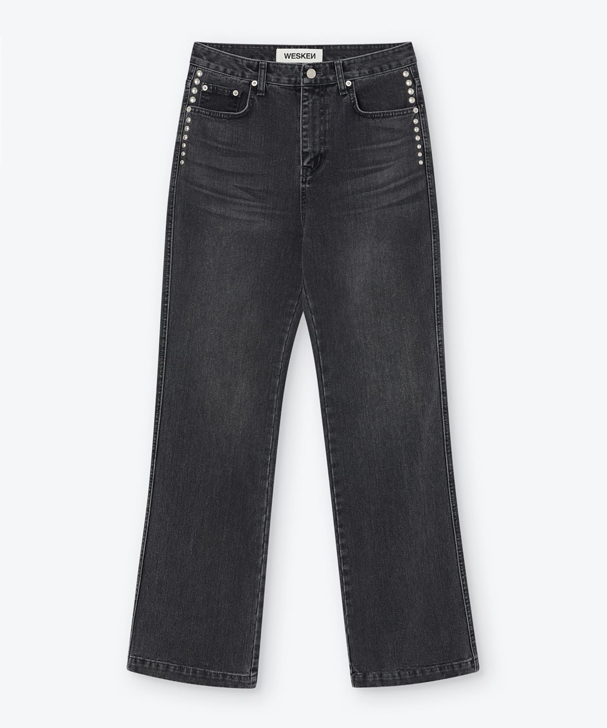 웨스켄(WESKEN) [UNISEX] STUDDED SEMI BOOTCUT DENIM  PANTS (BLACK)