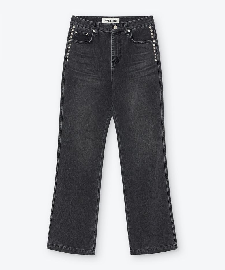 [UNISEX] STUDDED SEMI BOOTCUT DENIM  PANTS (BLACK)
