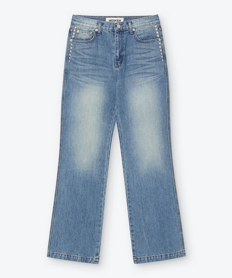 [UNISEX] STUDDED SEMI BOOTCUT DENIM PANTS (MID BLUE)