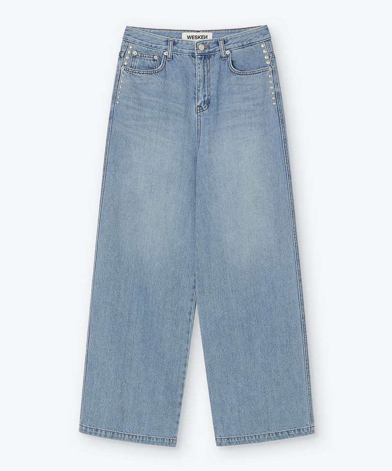 [UNISEX] STUDDED WIDE DENIM PANTS (MID BLUE)