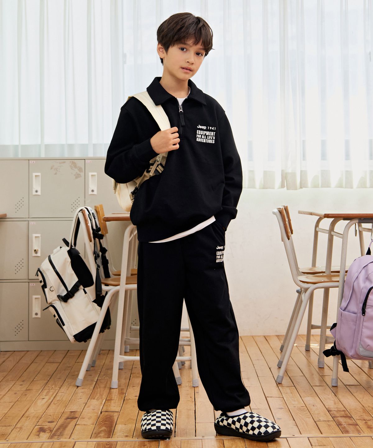 지프키즈(JEEPKIDS) 카라 반집업 맨투맨 셋업(KR5TSU834BK_KR5TPU934BK)