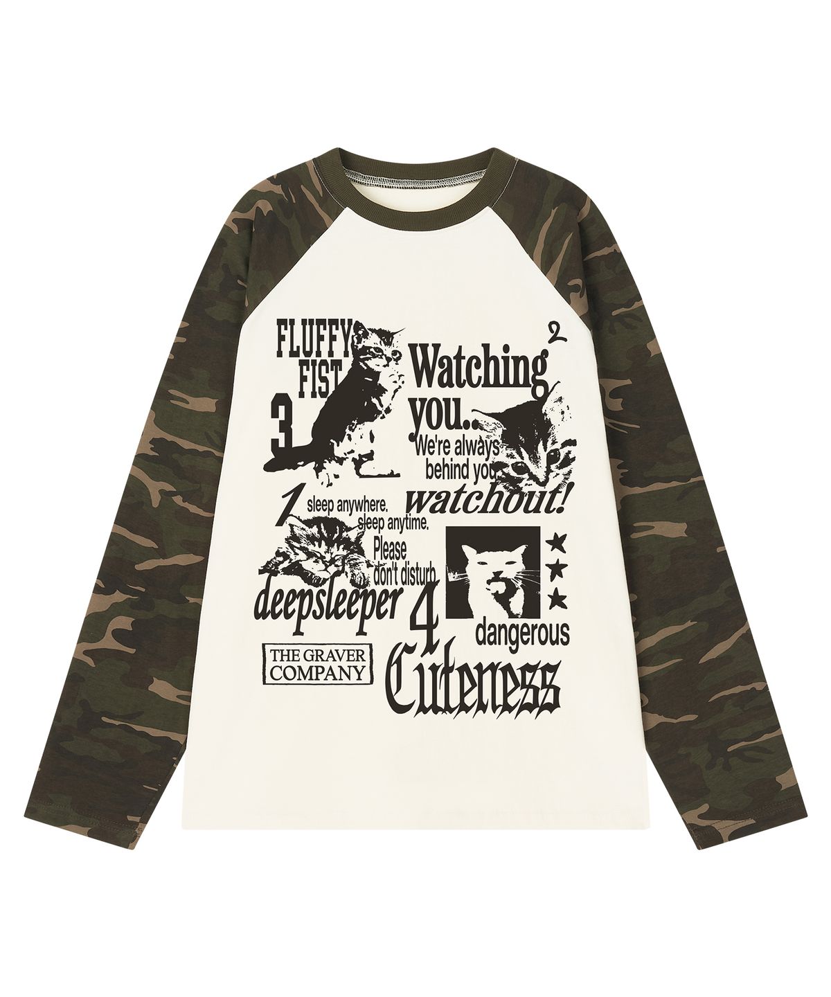 그레이버(GRAVER) [UNISEX]4 CATS 카모 래글런 롱슬리브 티셔츠_크림