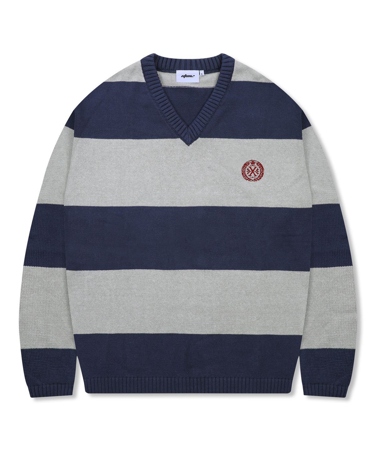 엑스톤즈(XTONZ) XTK170 스트라이프 브이넥 풀오버 니트 (NAVY)
