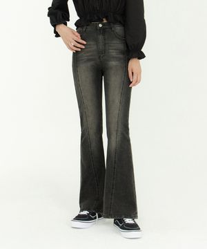 센터 절개 세미 부츠컷 스판 데님 팬츠 (흑청)