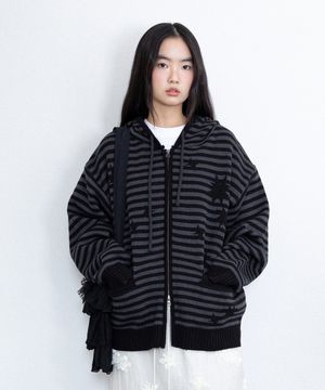 STAR STRIPE KNIT HOOD ZIP UP_BLACK(IK2FFMK681A)