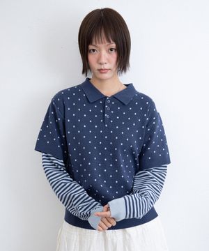 DOT STRIPE LAYERD COLLAR KNIT_NAVY(IK2FFMK641A)