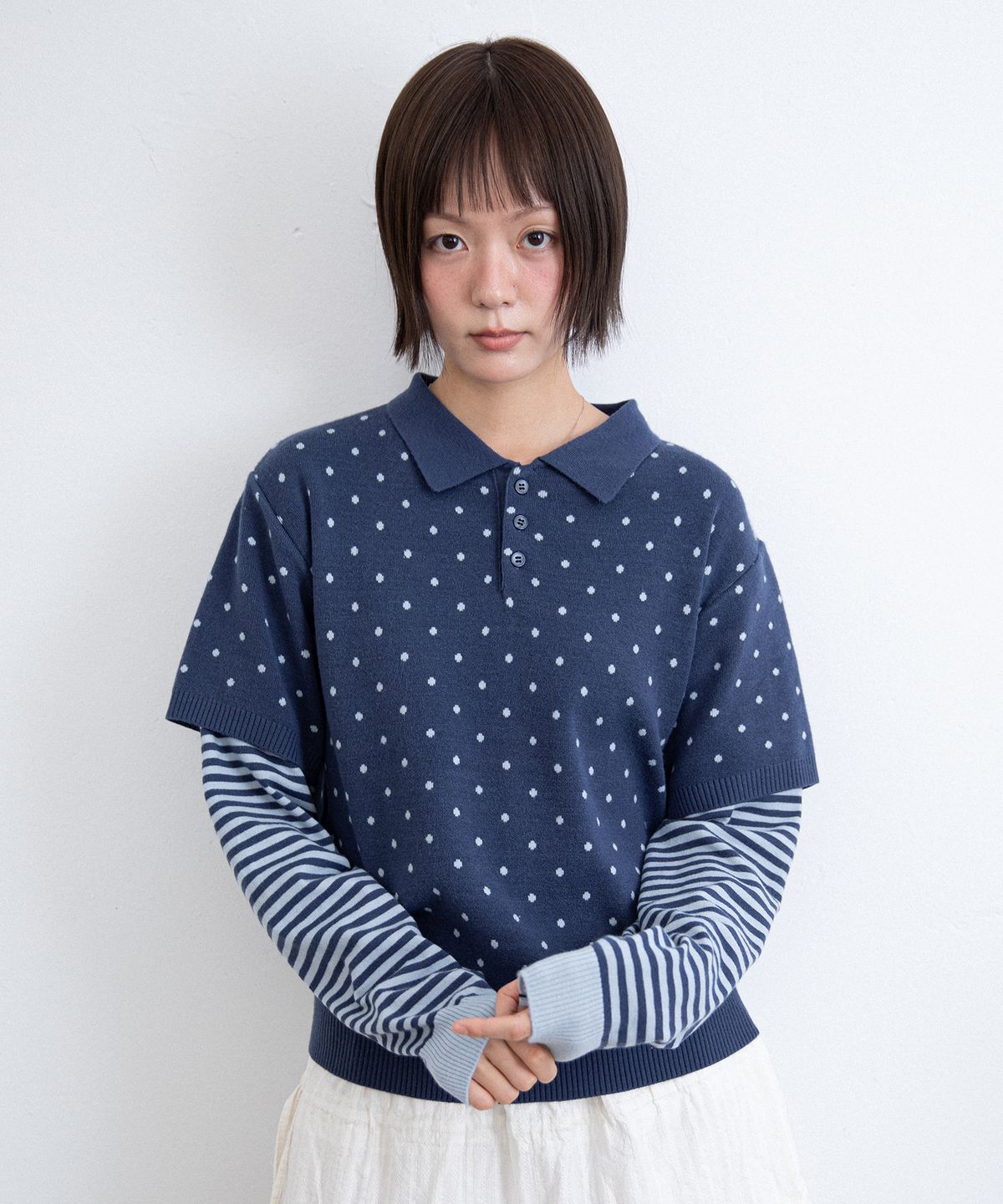이스트쿤스트(ISTKUNST) DOT STRIPE LAYERD COLLAR KNIT_NAVY(IK2FFMK641A)