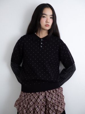 DOT STRIPE LAYERD COLLAR KNIT_BLACK(IK2FFMK641A)