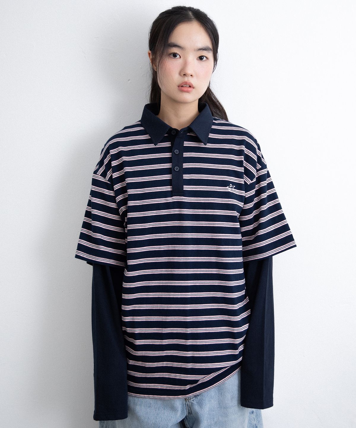 이스트쿤스트(ISTKUNST) STRIPE LAYERD RUGBY COLLAR L/S TEE_NAVY(IK2FFMT551A)