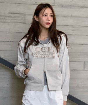 (우먼) 스퀘어 로고 데미지 후드 집업_오트밀