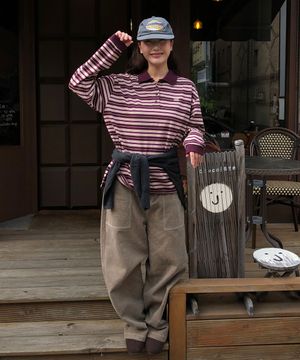 (우먼) 스트라이프 카라 롱슬리브_버건디