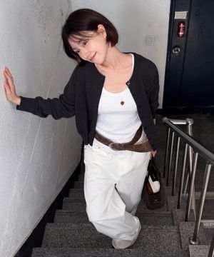 (우먼) 스몰 스퀘어 로고 코튼 니트 가디건_차콜