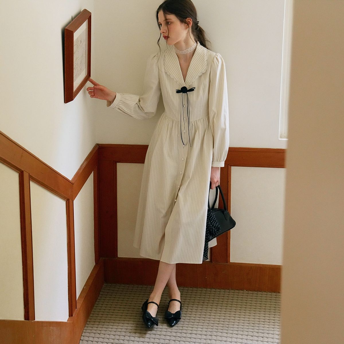 쎄무아듀(CEST MOIDEW) Cest_Striped pearl button shirt dress