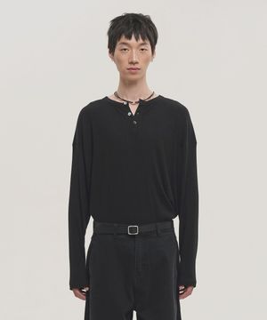 골지 헨리넥 슬리브 니트 - 블랙