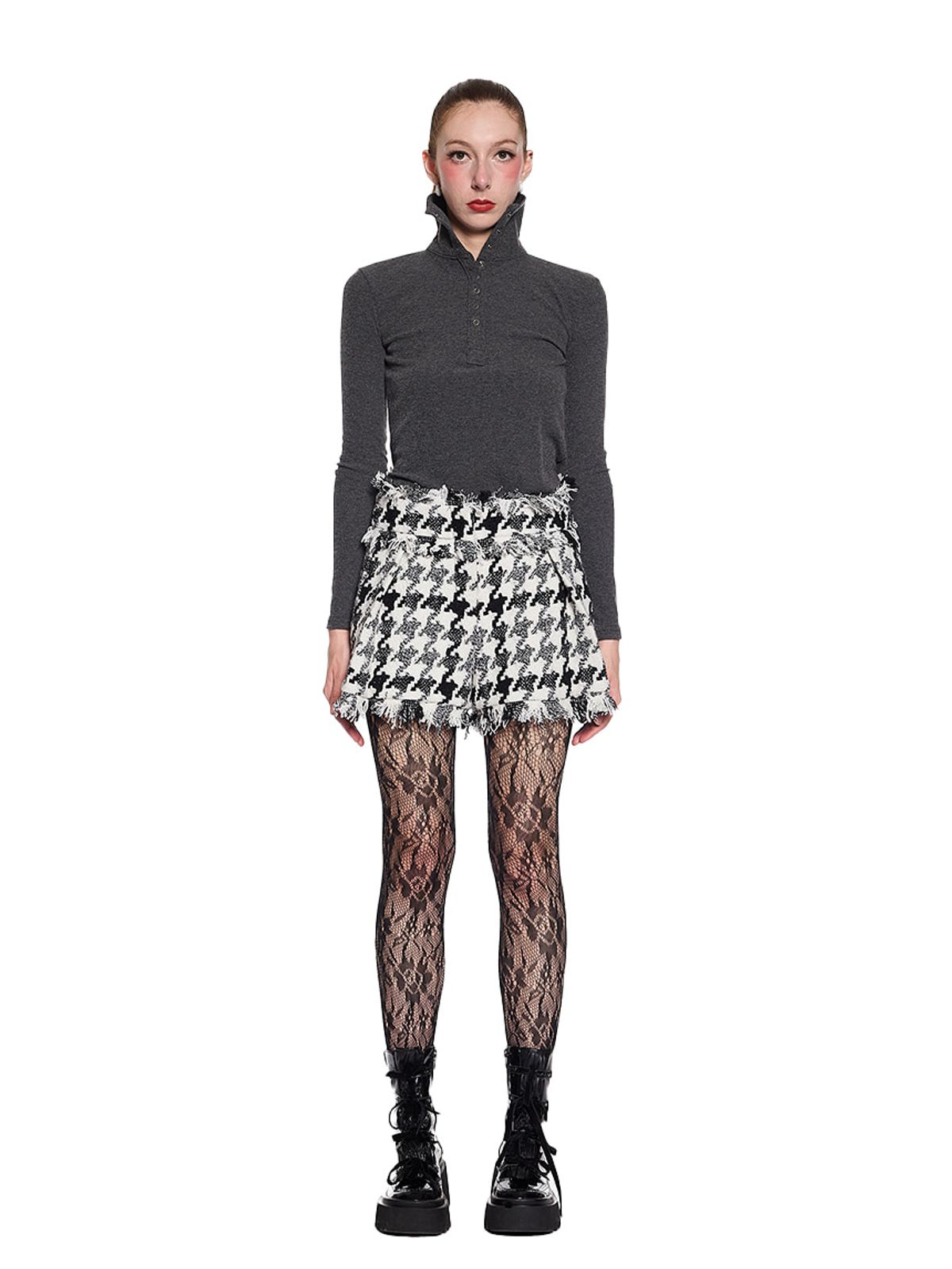 그리디어스(GREEDILOUS) Houndstooth Short Pants with Fringes
