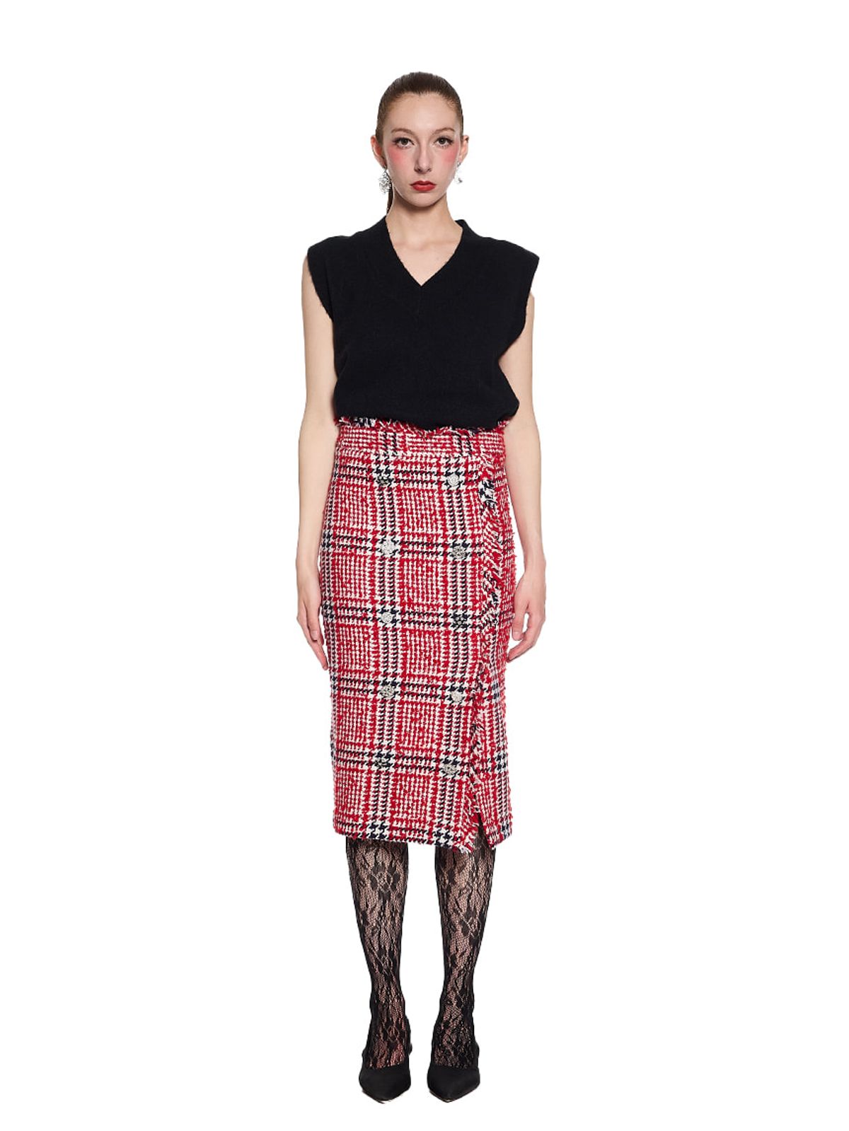 그리디어스(GREEDILOUS) Jewel Tweed Midi Skirt with Fringes