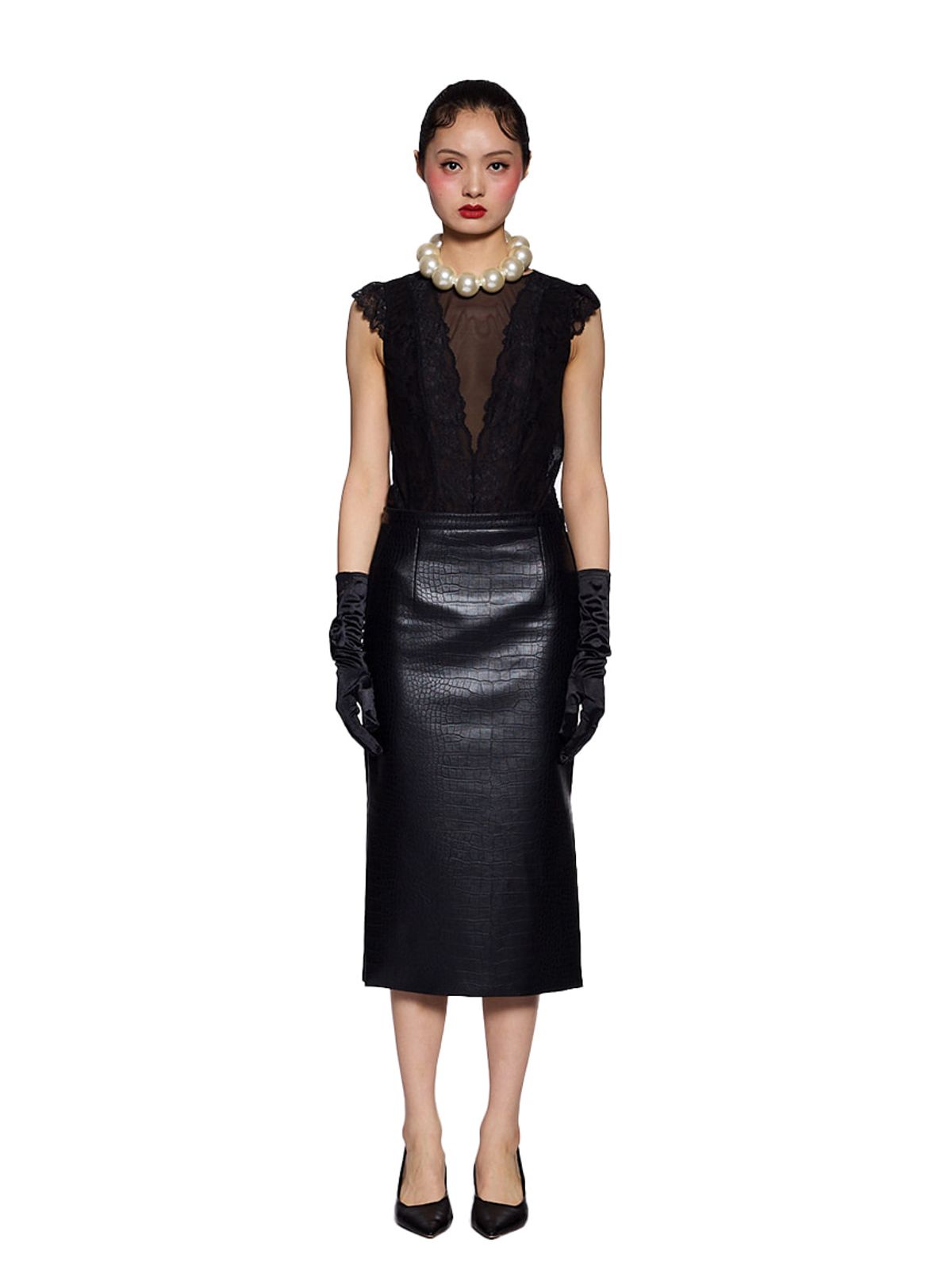 그리디어스(GREEDILOUS) Faux-Leather Midi Skirt
