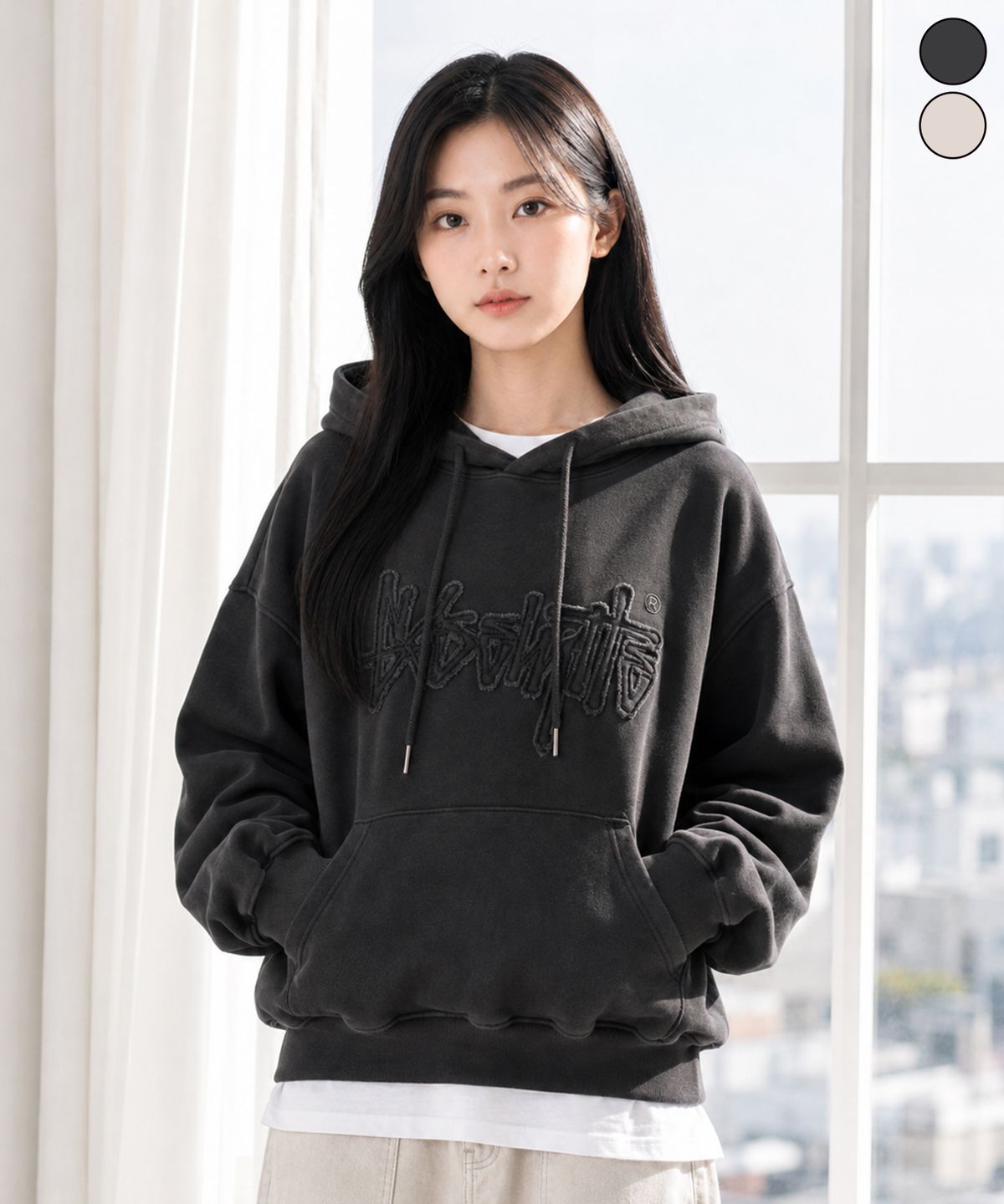 요세미티(YOSEMITE) OG 아플리케 자수 피그먼트 후드티 스모크블랙 YHT-403