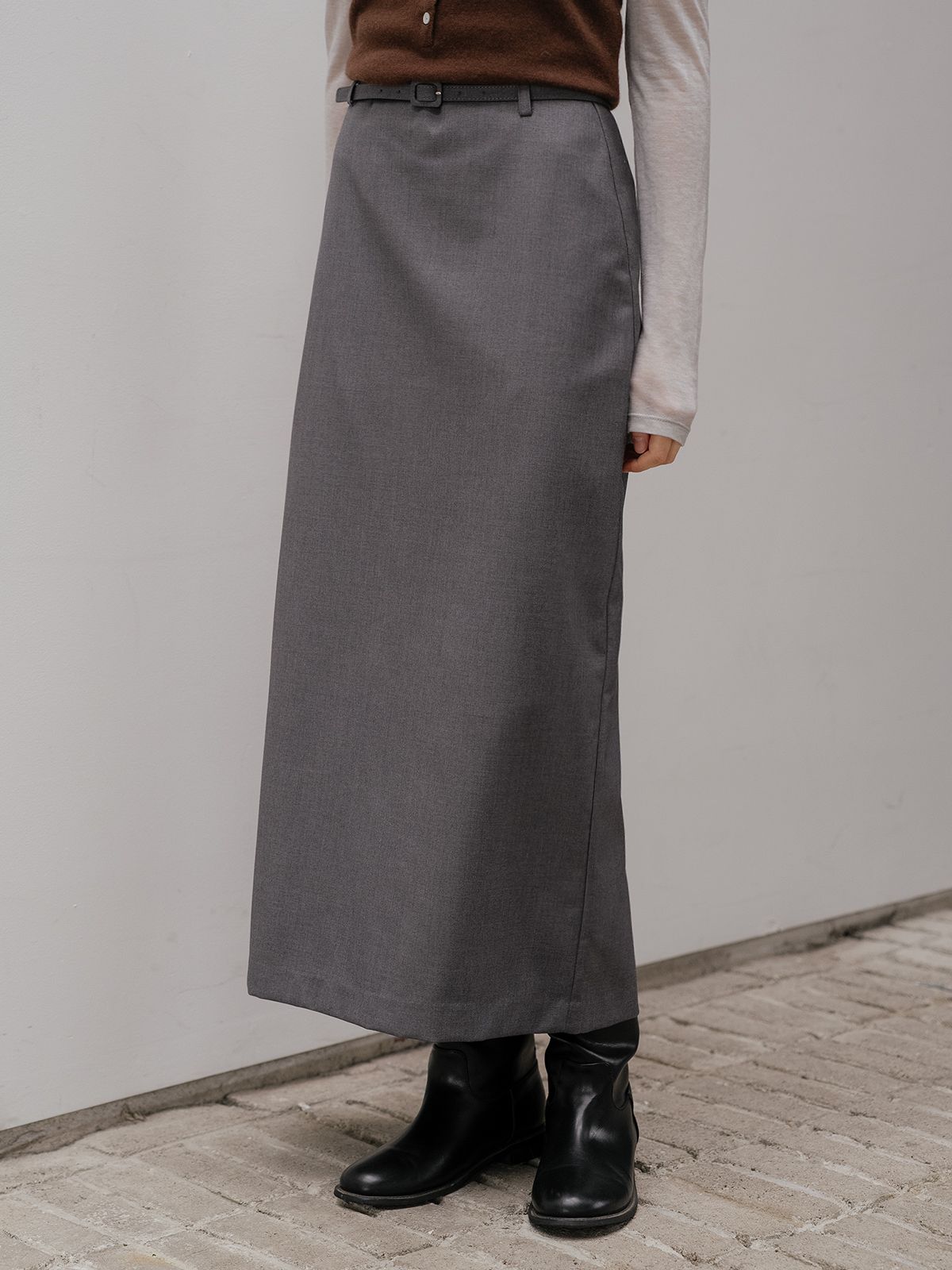프리버07(FRIVER07) Stripe belted H-line long skirt FRFA01SK03_Charcoal