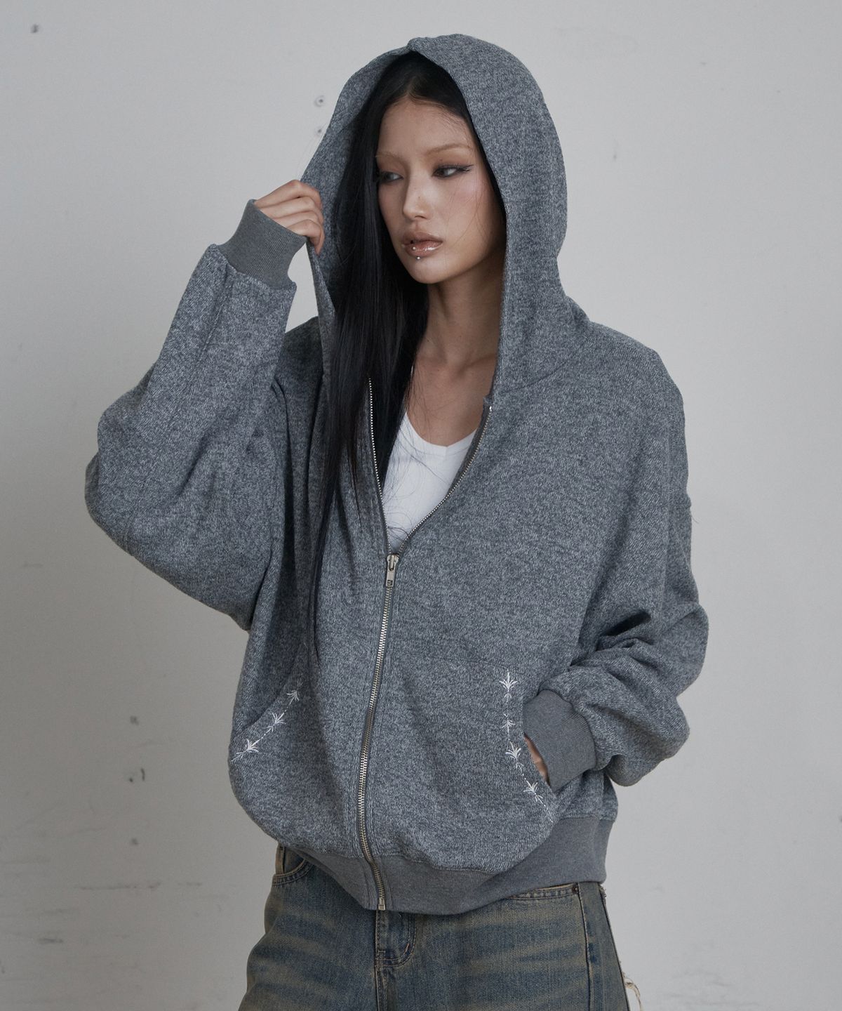 큐리티(CURETTY) C HOODED KNIT ZIP-UP_GREY