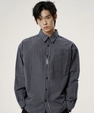 빈티지 레이어 체크 코튼 셔츠 - 네이비