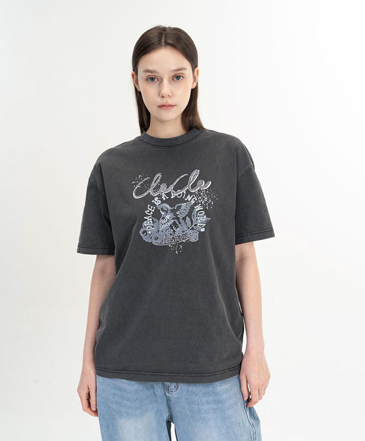 클레클레(CLECLE) 블루밍버드 오버핏 반팔  티셔츠 (BLACK)