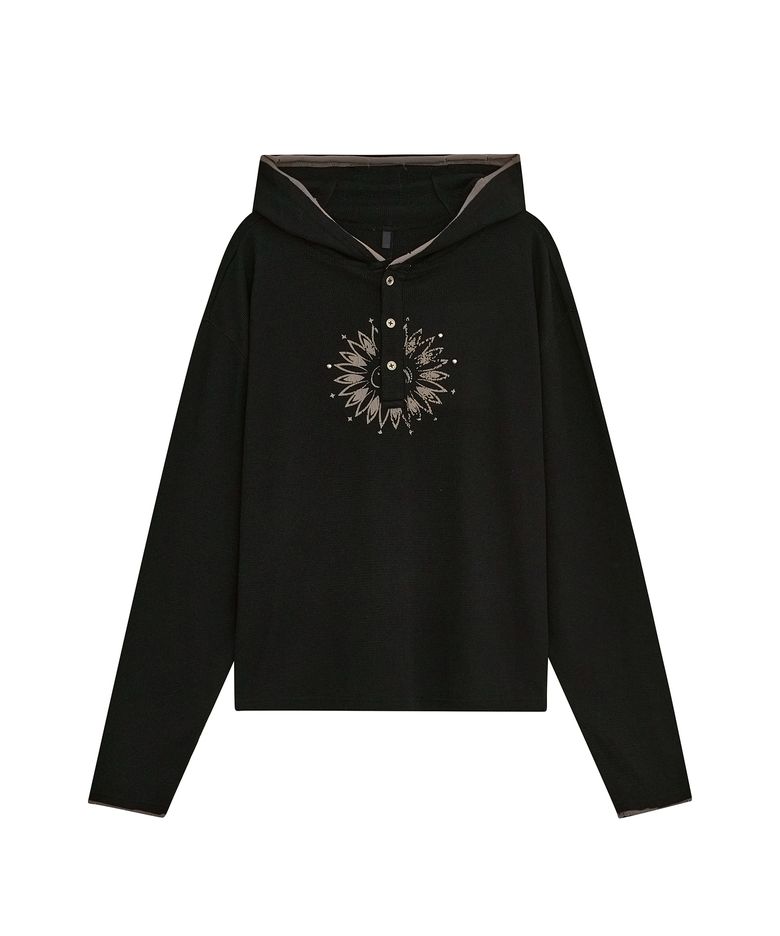 WAFFLE HENLEY NECK HOODED [BLACK]