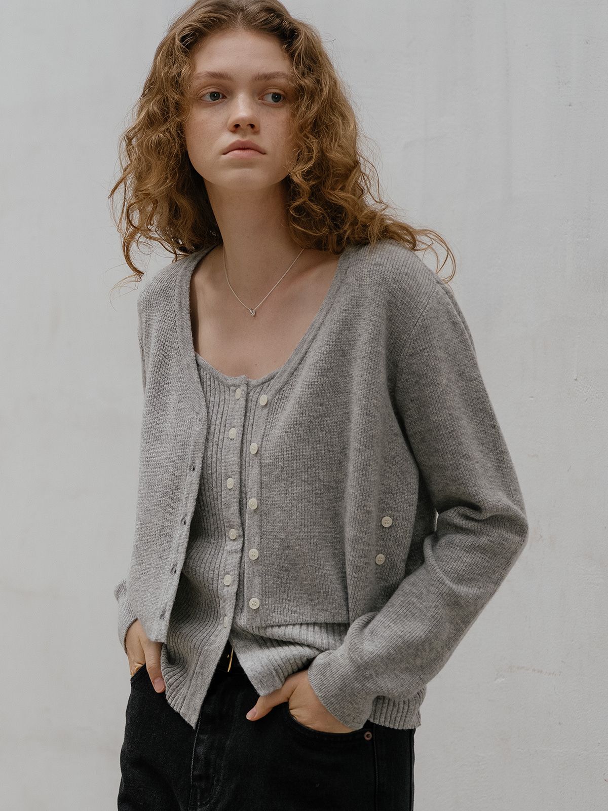 프리버07(FRIVER07) Ribbed 2way cardigan set [FRFA01CD07]_Gray