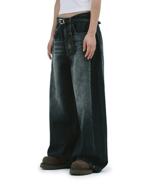 CAT BLUSH WIDE PANTS [BLACK DENIM]