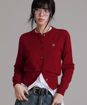 소프트 에센셜 라운드넥 니트 가디건_와인