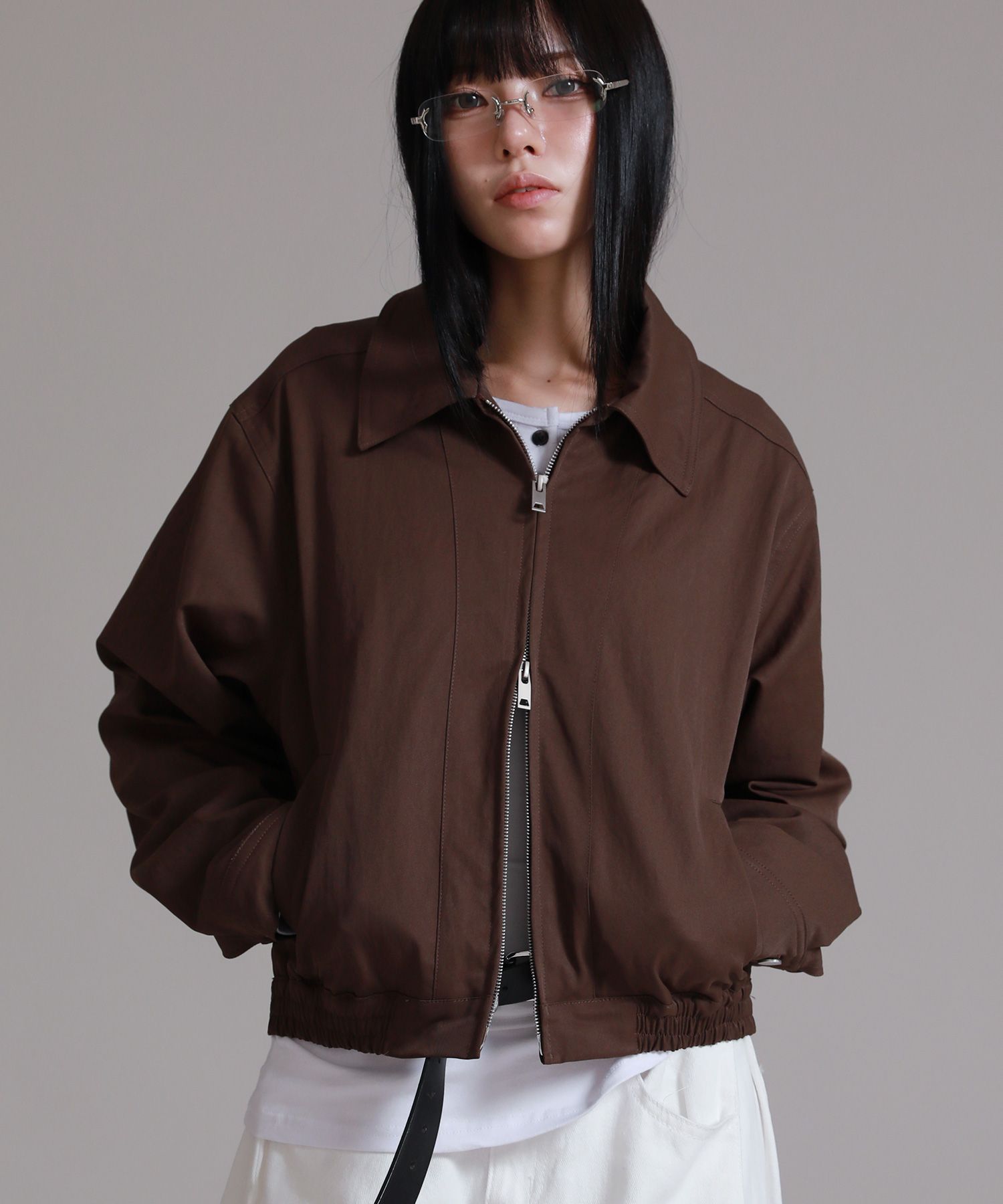 MUSINSA | LIKE THE MOST Semi-crop minimal collar oversized zip-up