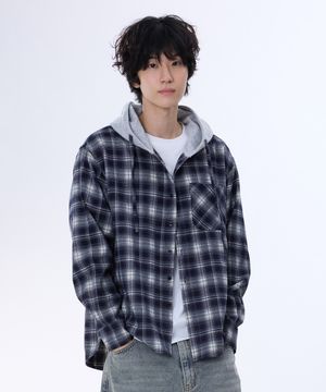 오버핏 체크 후드 셔츠 네이비(그레이) YLS-701
