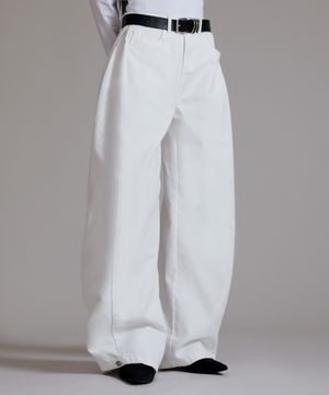 우먼 코튼 사이드 핀턱 버튼 와이드 팬츠_화이트