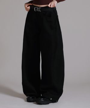 우먼 코튼 사이드 핀턱 버튼 와이드 팬츠_블랙