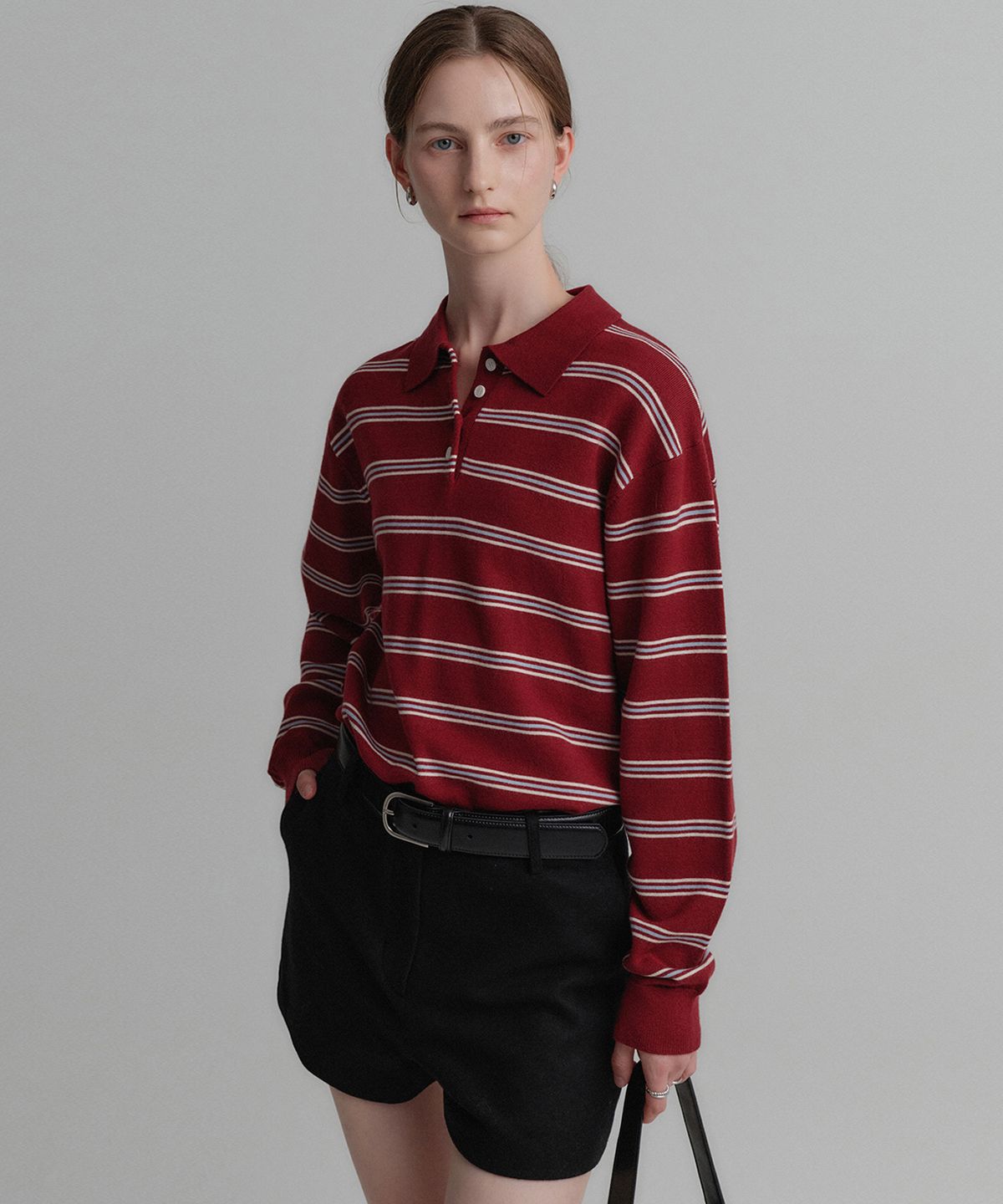 룩캐스트(LOOKAST) 라일라 스트라이프 카라 니트_딥 레드 / LAYLA STRIPE COLLAR KNIT_DEEP RED