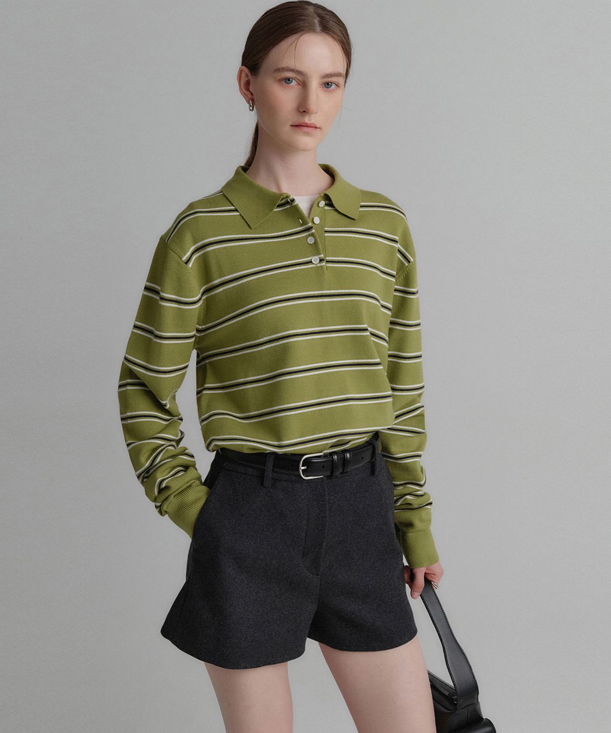 룩캐스트(LOOKAST) 라일라 스트라이프 카라 니트_올리브 그린 / LAYLA STRIPE COLLAR KNIT_OLIVE GREEN