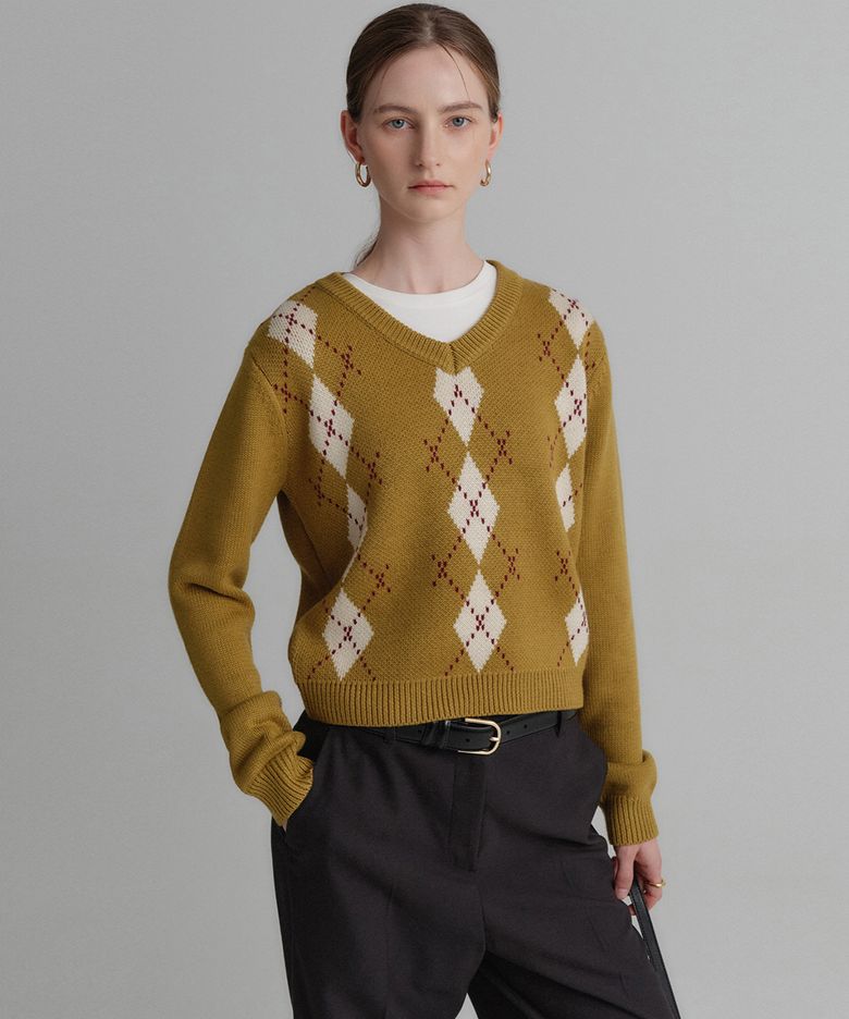 그레이스 울 아가일 니트_올리브 / GRACE WOOL ARGYLLE KNIT_OLIVE