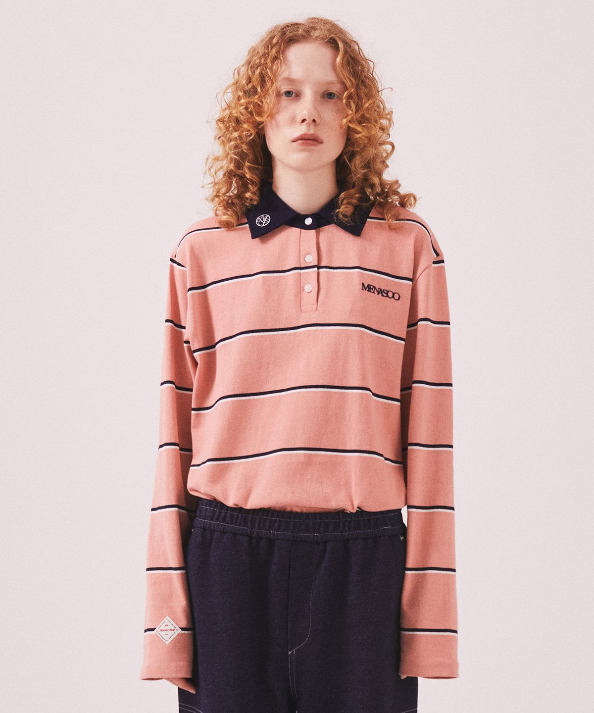 미나수(MENASOO) MNS Striped Cotton Collar T Shirt_Pink