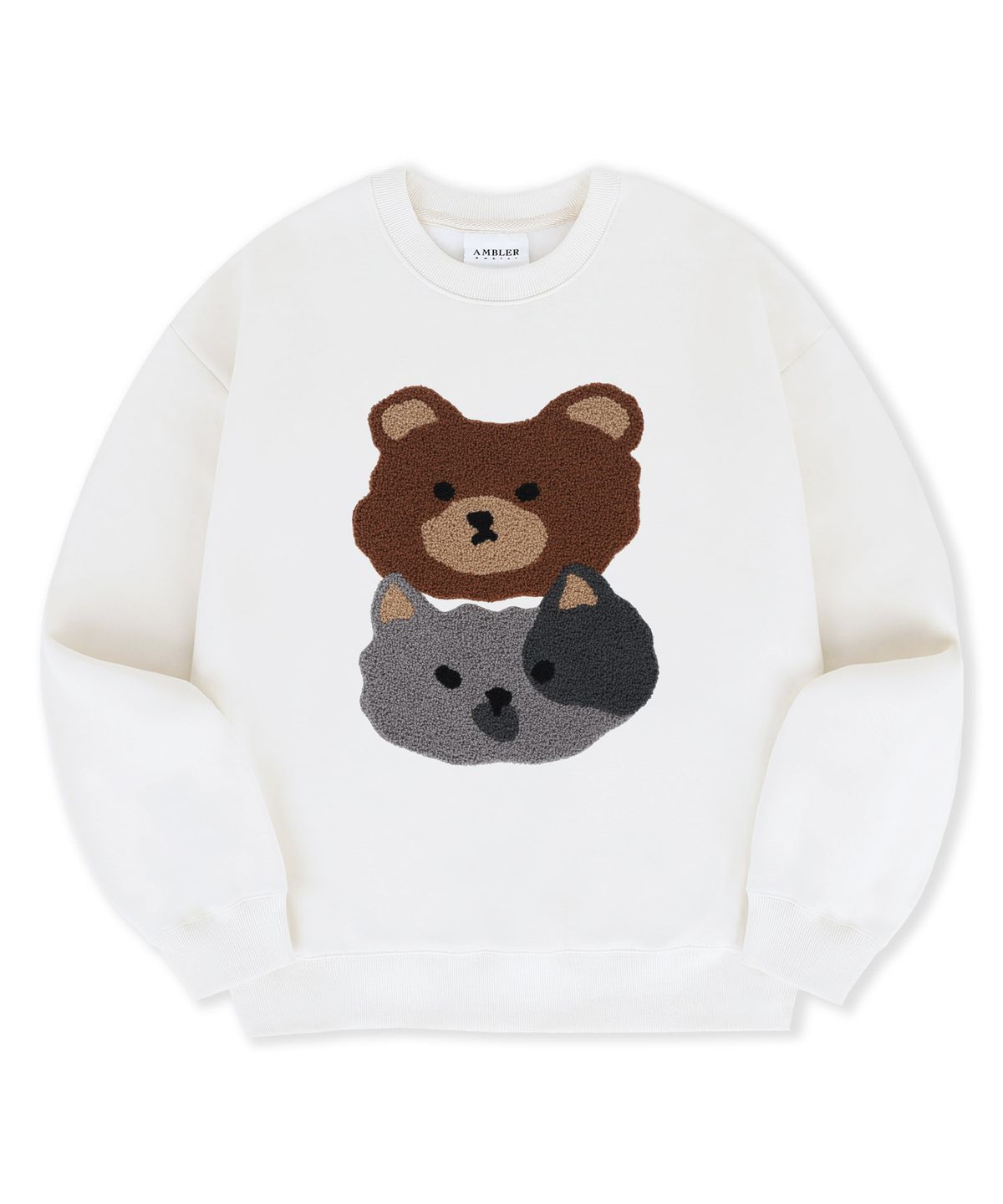 엠블러(AMBLER) Cat&Bear 부클 자수 맨투맨 티셔츠  AMM1318 (아이보리)