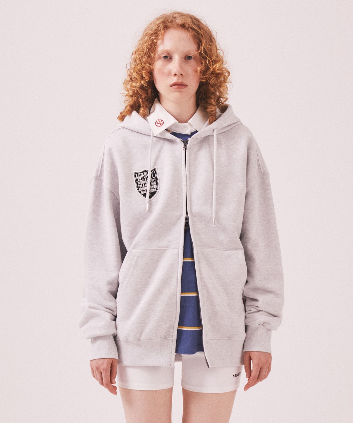 미나수(MENASOO) Menasoo Applique Two Way Hoodie Zip Up_White Melange