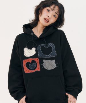 Meow Bear 자수 후드 티셔츠 AHP1207 (블랙)