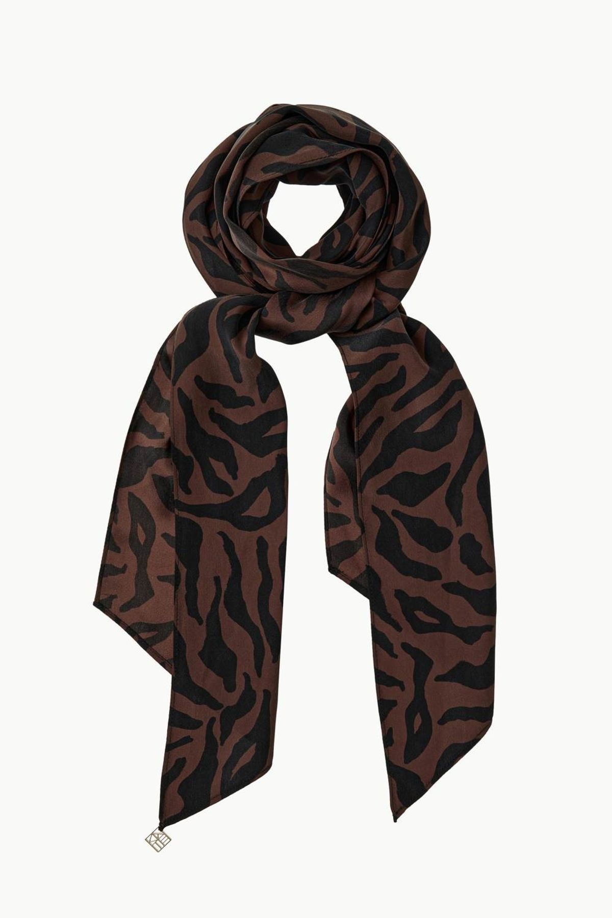 쿠메(KUMÉ) Patterned Skinny Silk Scarf, Brown