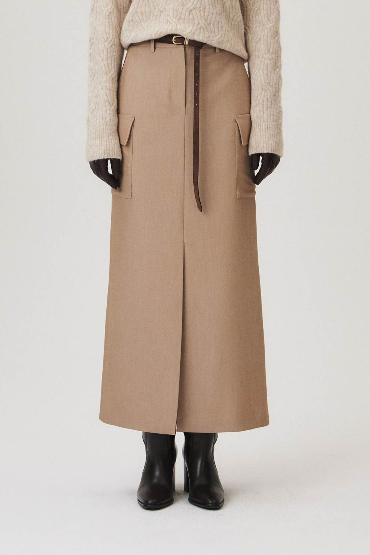 쿠메(KUMÉ) H-line Pocket Long Skirt, Beige