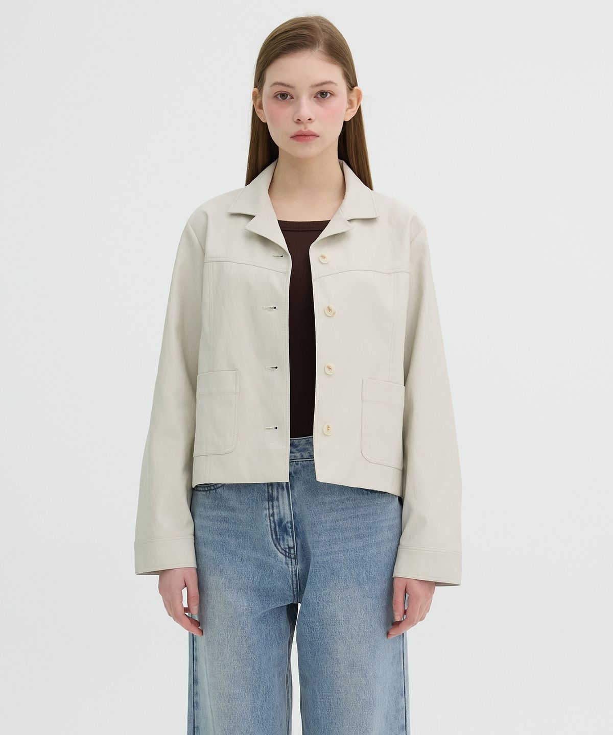 올리브 데 올리브(OLIVE DES OLIVE) 페이크레더 크롭 자켓 OH5XJ1810