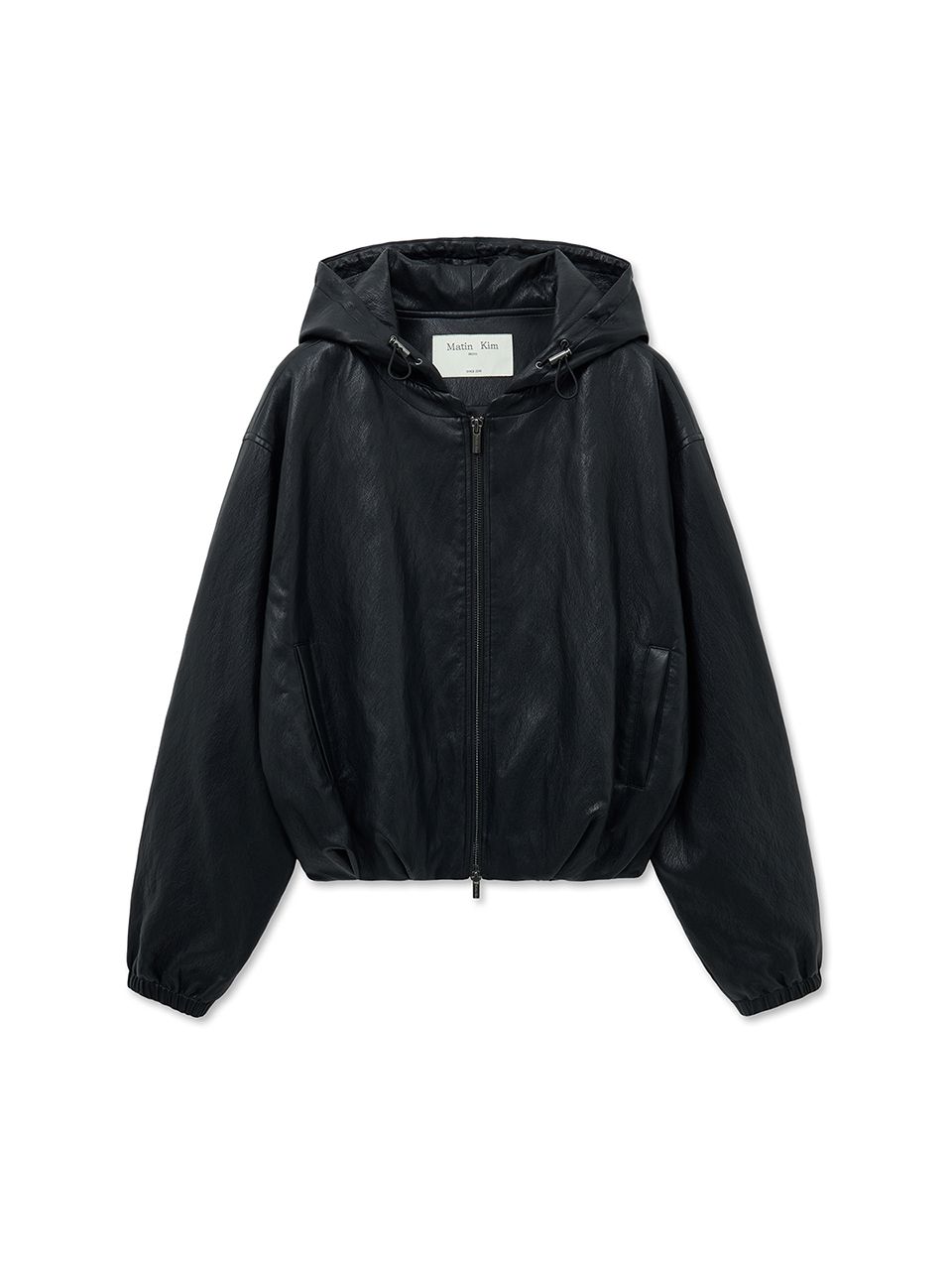 MUSINSA | MATIN KIM FAUX LEATHER HOODY CROP JUMPER IN BLACK