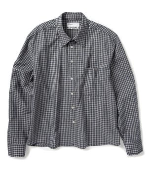 UNISEX 크롭 체크 긴팔 셔츠 - 네이비