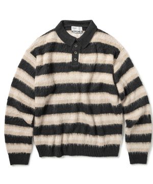 브러쉬드 스트라이프 카라 니트 - 차콜