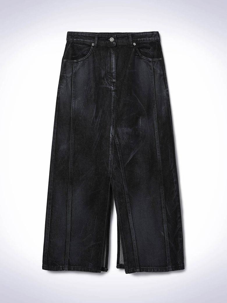 HAND BRUSHED DENIM SKIRT BLACK