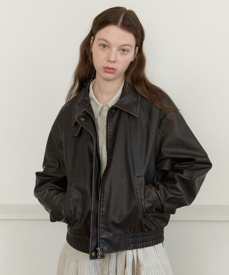 Dusty Vintage Snap Leather Jacket - Brown