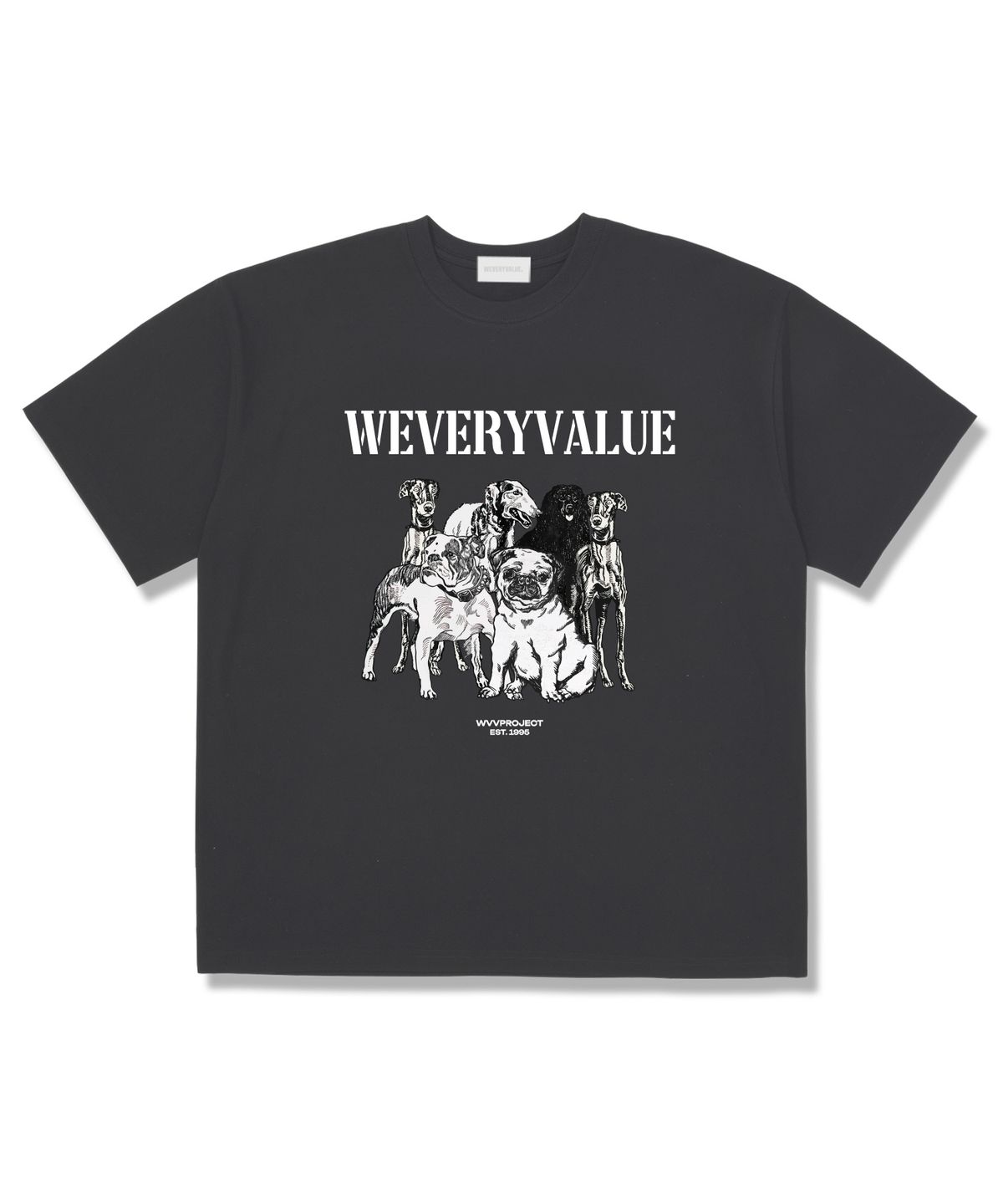 위베리벨류(WEVERYVALUE) 도그프로젝트 오버핏 반팔티셔츠 다크그레이